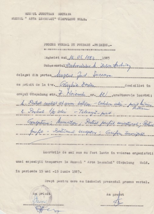 1983 Proces verbal de predare-primire sculpturi pentru Expozitie Ioan H. S&acirc;rghie