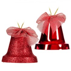 Set Ornamente Pom Crăciun, Clopote, Glitter, 6 cm, Roșu, 4 Bucăți