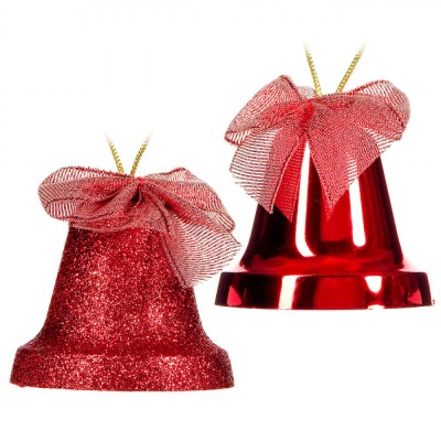 Set Ornamente Pom Crăciun, Clopote, Glitter, 6 cm, Roșu, 4 Bucăți foto