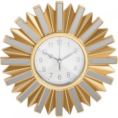 Ceas de Perete Decorativ in Forma de Soare, Culoare Aurie cu Accente de Oglinda, Mecanism Quartz
