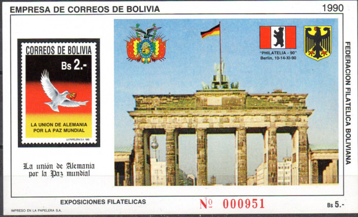 BOLIVIA 1990, Fauna, Expozitie Filatelica, bloc neuzat, MNH
