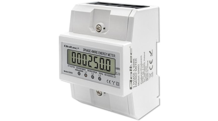 Contor electronic trifazat Qoltec | Contor de consum de energie montat pe șină DIN | 400V | 100A | LCD | 4P