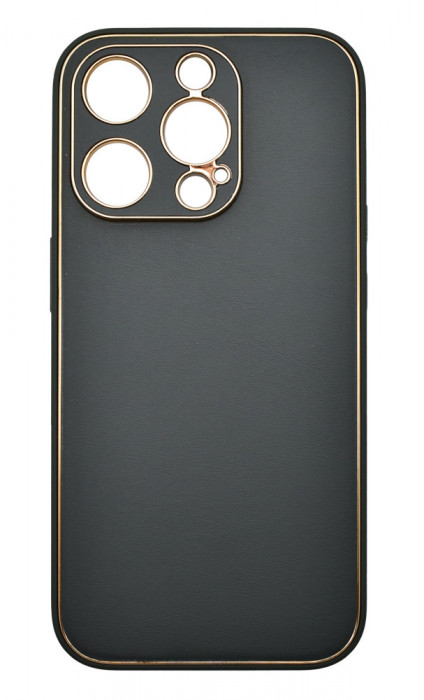 Husa eleganta din piele ecologica cu insertii aurii, Full protection, pentru iPhone 15 Pro, Verde inchis