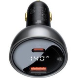Incarcator auto Baseus Digital Display, Quick Charge PD 3, 140W, 1 x USB, 1 x USB Type-C, include Cablu USB Type-C la USB Type-C de 1m, negru