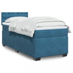 vidaXL Pat box spring cu saltea, albastru &icirc;nchis, 90x200 cm, catifea