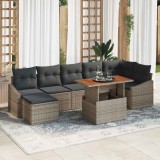 Set de dining pentru grădină de 8 piese cu perne gri, din rattan poliesteric și acacia