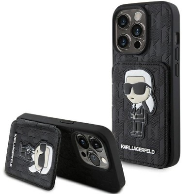 Husa pentru Apple iPhone 15 Pro Max, Karl Lagerfeld, Saffiano Cardslots and Stand Monogram Ikonik Karl, Neagra foto