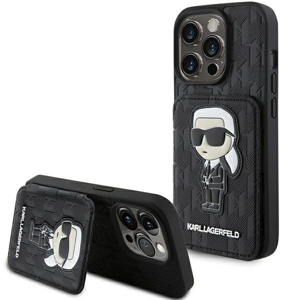 Husa pentru Apple iPhone 15 Pro Max, Karl Lagerfeld, Saffiano Cardslots and Stand Monogram Ikonik Karl, Neagra