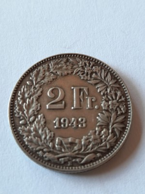 ELVETIA 2 FRANCS 1943 ARGINT XF PATINA foto