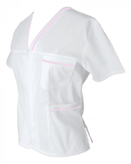 Halat Medical Pe Stil, Alb cu Fermoar si garnitura roz deschis, Model Adelina - XS