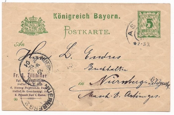 Germany Bayern 1901 Old postcard stationery Aschau Chiemgau to Nurnberg D.763