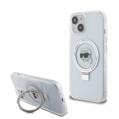Husa pentru iPhone 15 / iPhone 14 / iPhone 13 - Karl Lagerfeld Hardcase Ring Stand MagSafe (KLHMP15SHMRSKHH) - White Karl Head foto