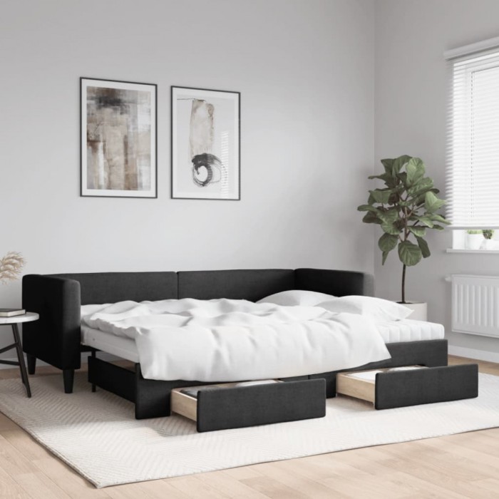 Pat de zi cu extensie și sertare, negru, 80x200 cm, textil