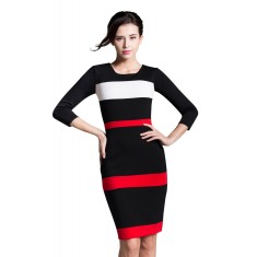 V856A-115 Rochie office eleganta cu model geometric in dungi colorate