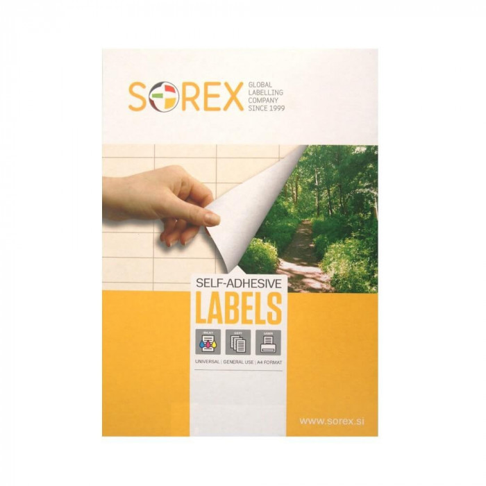100 Coli de Etichete Autoadezive Sorex, Albe, 40/A4, 52.5x29.7 mm, Adeziv Permanent, Etichete Autoadezive, Etichete Albe, Etichete in Coala, Etichete
