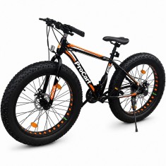 Bicicleta Fat Bike 26 inch, 21 viteze Shimano, frane pe disc, anvelope 4 inch, portocaliu/negru
