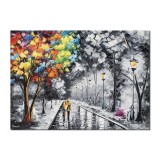 Tablou indragostiti pictat manua, Plimbare in doi pe aleea din parc, 70x50cm ulei pe panza, Superb