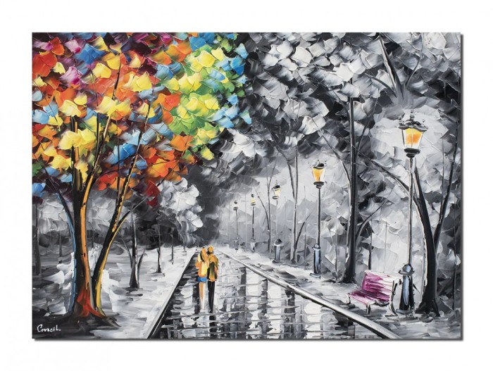 Tablou indragostiti pictat manua, Plimbare in doi pe aleea din parc, 70x50cm ulei pe panza, Superb