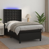 VidaXL Pat cu arcuri, saltea și LED, negru, 90x190 cm, piele ecologică