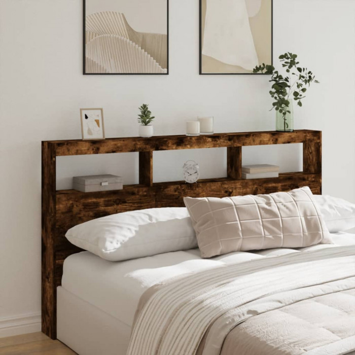 Tablie de pat cu dulap si LED, stejar fumuriu, 180x17x102 cm GartenMobel Dekor
