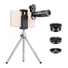 Set 4 in 1 lentile profesionale smartphone Apexel APL-22X105-4IN1, Obiectiv telephoto 22x, 205gr Fisheye, 120gr Wide, 25X Macro, Mini trepied, Clema d foto