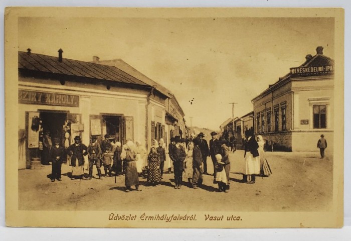 VALEA LUI MIHAI , BIHOR , LOCALNICI IN FATA UNUI MAGAZIN PE STRADA PRINCIPALA , CARTE POSTALA ILUSTRATA , 1916