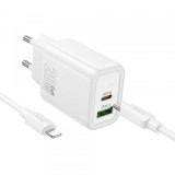 Incarcator Retea Cu Cablu Lightning HOCO N61, 20W, 3A, 1 x USB-A - 1 x USB-C, Alb, Apple