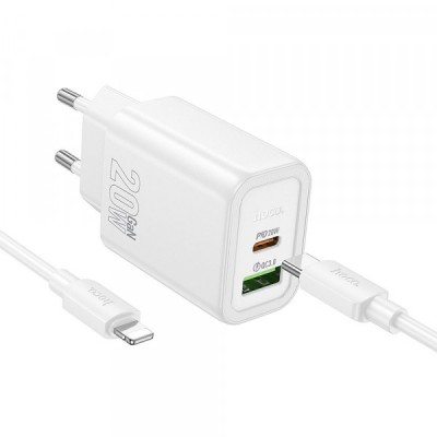 Incarcator Retea Cu Cablu Lightning HOCO N61, 20W, 3A, 1 x USB-A - 1 x USB-C, Alb foto