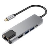 Adaptor Hub Multifunctional 5 In 1 Techstar&reg; SFQ5IN1, HDMI 4K, USB-C, 1 X USB 3.0, 1 X USB 2.0, LAN RJ45 Ethernet, Aliaj De Aluminiu, Argintiu