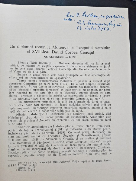 Un Diplomat roman la Moscova la inceputul secolului al XVIII-lea David Corbea Ceausu- Gh. Georgescu-Buzau cu dedicatie