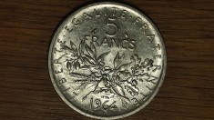 Franta - moneda mare 12 gr. ⌀29mm, argint .835 - 5 franci / francs 1964 - impecabila !