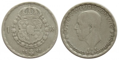 fl36 SUEDIA 1 COROANA KRONA 1948 GUSTAV V ARGINT VF foto