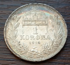(A991) MONEDA DIN ARGINT UNGARIA - 1 KORONA 1914 COROANA, FRANZ JOSEPH, PATINA SUPERBA