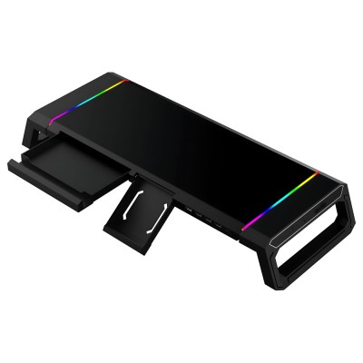 Stand multifunctional pentru monitor/laptop HAWIRE, 7 lumini gaming RGB, 4 porturi USB, Suport pentru telefon si Ipad, Sertar diverse, Negru foto
