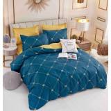 Lenjerie pat dublu,bumbac finet,6 piese,cearceaf cu elastic,bleumarin cu dungi-A790