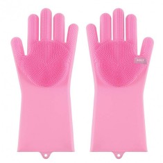 Set manusi pentru bucatarie, cu peri din silicon pentru spalarea vaselor, Roz