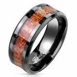 Inel de oțel &icirc;ntr-o culoare neagră - dungi cu un motiv de lemn, glazură netedă - Marime inel: 54