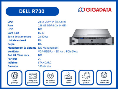 Dell R730 2x E5-2697 v4 128GB H730 2x PS Server 6 Luni Garantie foto