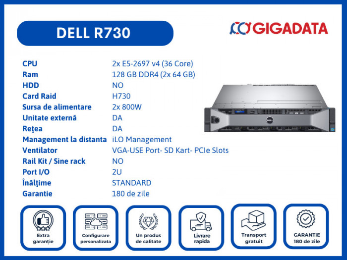 Dell R730 2x E5-2697 v4 128GB H730 2x PS Server 6 Luni Garantie