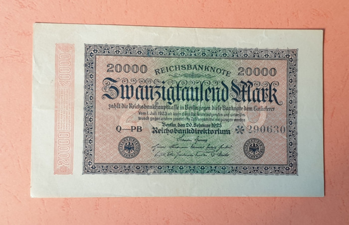 20000 Marci anul 1923 - Bancnota veche Germania Reichsbanknote