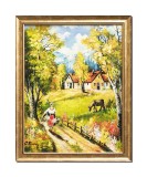 Cumpara ieftin Tablou tarancuta cu flori pictat manual inramat, Oaza de liniste, 55x45cm ulei pe panza, rama din lemn, Constantin Feraru