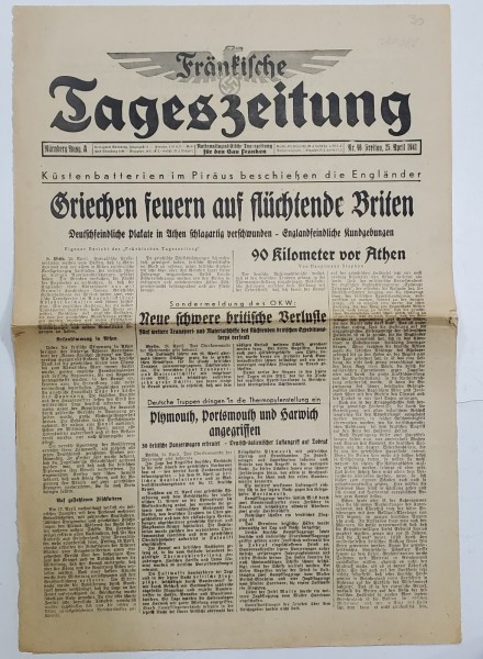 FRANKISCHE TAGESZEITUNG , NATIONALSOZIALISTISCHE TAGZEITUNG FUR DEN GAU FRANKEN , NR. 96 ,25 APRIL , 1941