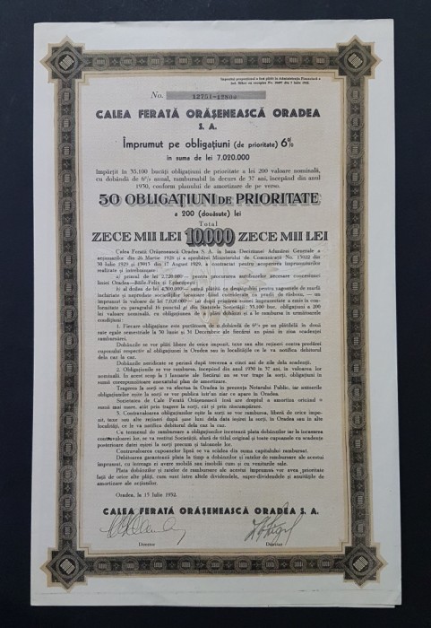 Actiune 1932 Calea ferata oraseneasca Oradea , obligatiune , titlu , actiuni