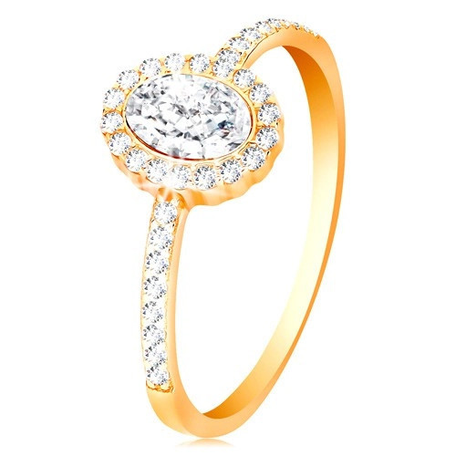 Inel din aur galben de 14K - zirconiu oval cu margine lucioasă, braţe decorate - Marime inel: 54