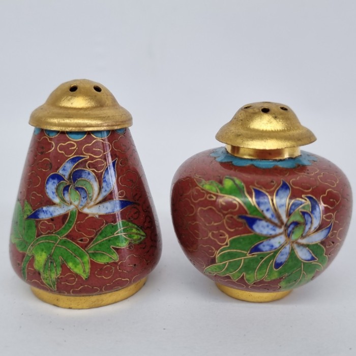 Set vintage bronz si email pentru sare si piper - CLOISONNE