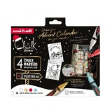 Set 4x Marker cu creta UNI Chalk PWE-5M XMAS Traditional 2, 1. 8-2. 5mm, alb, auriu, verde, rosu + 2 sabloane A3