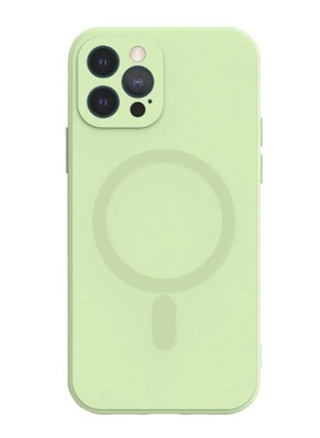 Husa iPhone 12 din silicon cu MagSafe, silk touch, interior din catifea cu decupaje pentru camere, Menta foto