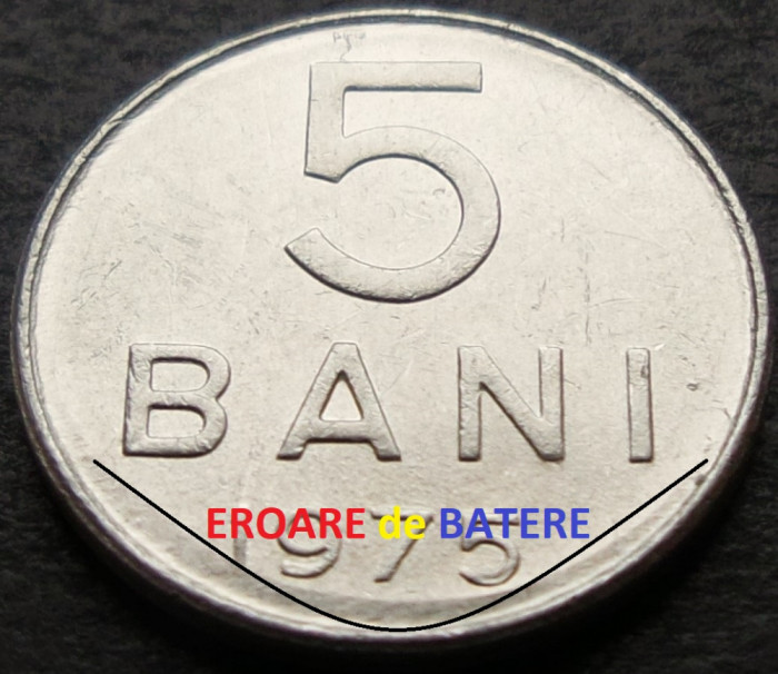 Moneda 5 BANI - RS ROMANIA, anul 1975 * cod 3462 C = EROARE