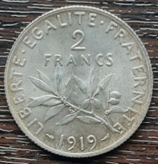 (A944) MONEDA DIN ARGINT FRANTA - 2 FRANCS 1919, SEMANATOAREA, LUCIU DE BATERE foto