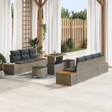 Set canapea grădină vidaXL 10 Piese cu Perne Gri Ratan Poli Acacia, Set dining grădină vidaXL 3 Piese cu Perne Gri Ratan Poli Acacia